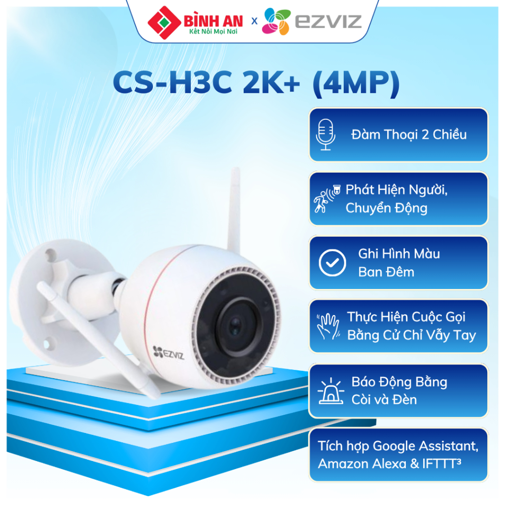 Camera wifi ngoài trời EZVIZ CS-H3C 2K+ 4MP, ban đêm có màu, đàm thoại 2 chiều, tích hợp AI
