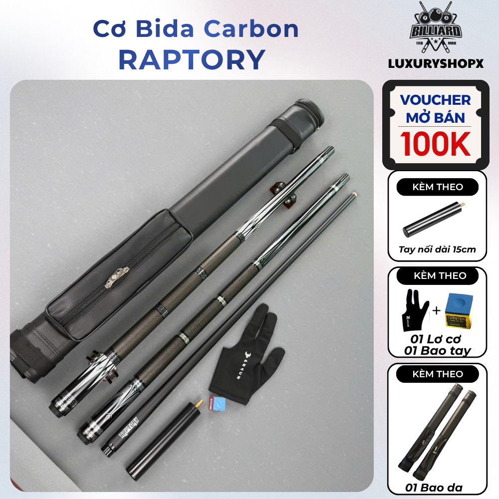 VOUCHER 100K - Cơ Bida lỗ full Carbon Raptory Chính hãng Tay cầm Bọc da Ren Radial, Gậy Bida Carbon 