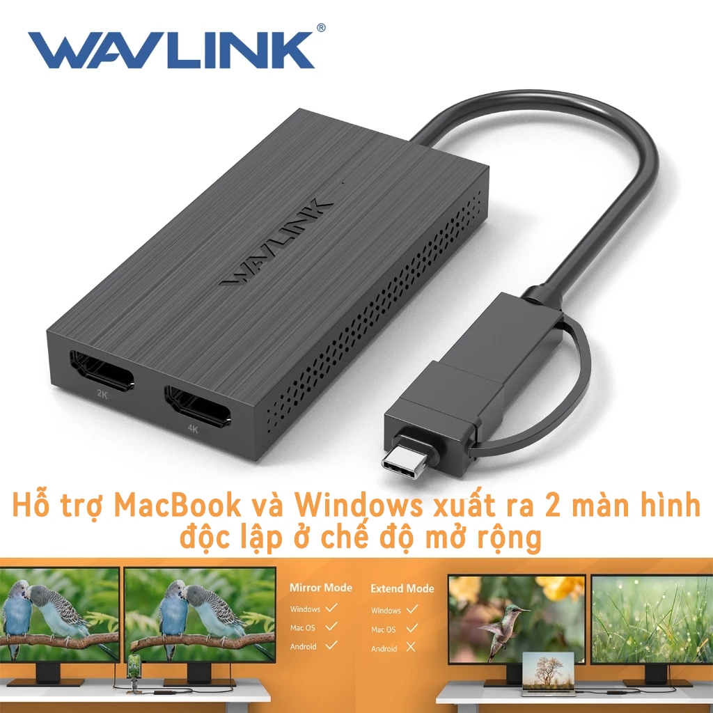 Wavlink Cáp Chuyển USB 3.0 to HDMI 2 Màn Hình 2K 60Hz, Mở Rộng Đến 8 Màn Hình Cho MacBook