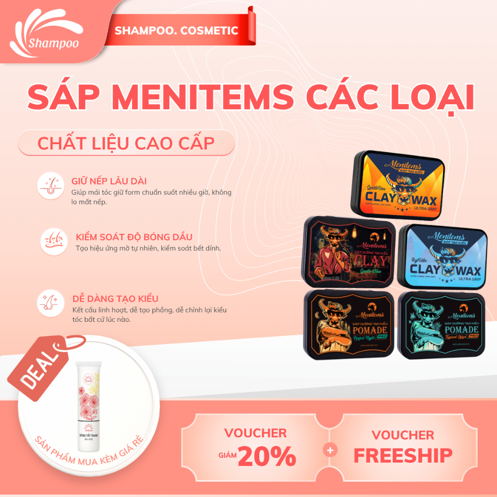 Sáp vuốt tóc Menitems Sáp vuốt tóc Matte Clay, Matt Clay, Bọt tạo kiểu, Dầu gội Menitems chính hãng
