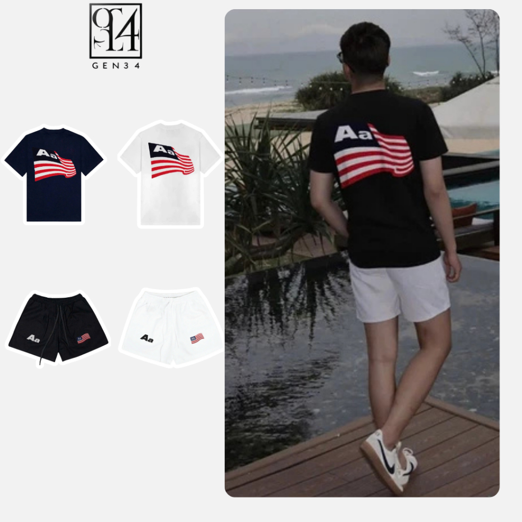Bộ Quần Áo AASTU Cờ Mỹ Logo Nam Nữ Chất Thun Cotton Thoáng Mát Thấm Hút Mồ Hôi Áo Cổ Tròn Quần Short