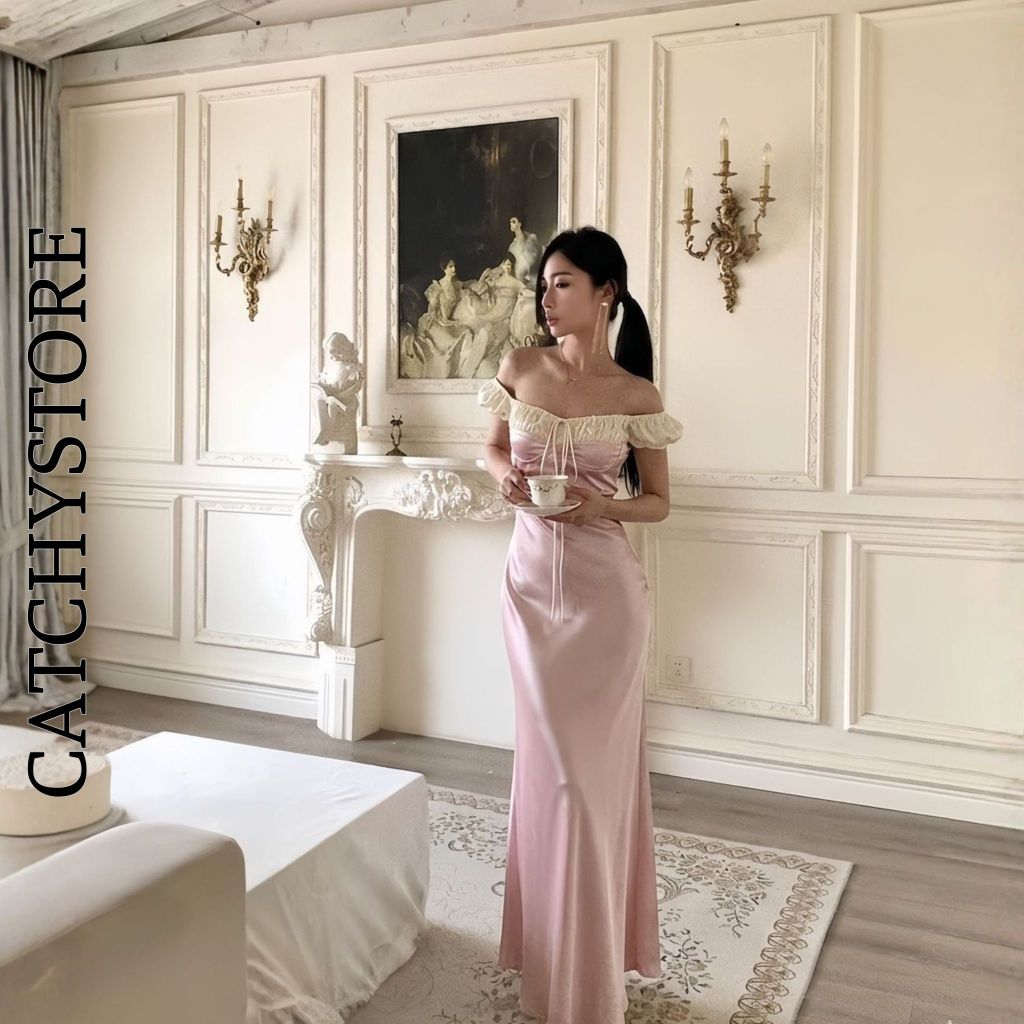 Đầm Lụa Dáng Dài Tay Bồng Trễ Vai Rút Dây Ôm Eo Tiểu Thư Ngọt Ngào Đi Tiệc CATCHYstore | BigBuy360 - bigbuy360.vn