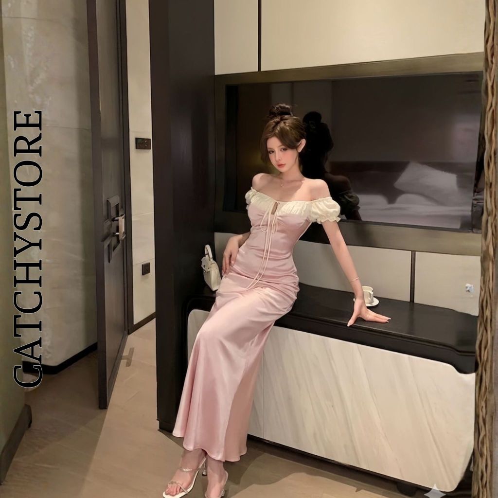 Đầm Lụa Dáng Dài Tay Bồng Trễ Vai Rút Dây Ôm Eo Tiểu Thư Ngọt Ngào Đi Tiệc CATCHYstore | BigBuy360 - bigbuy360.vn