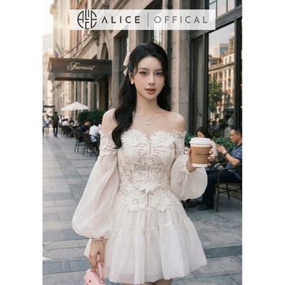 Váy Nữ Cao Cấp Alice Chất Ren 3D Dáng Trễ Vai Phối Tơ Đính Hoa Nổi Thủ Công, Đầm Ngắn Trễ Vai Khóa Dọc V1443
