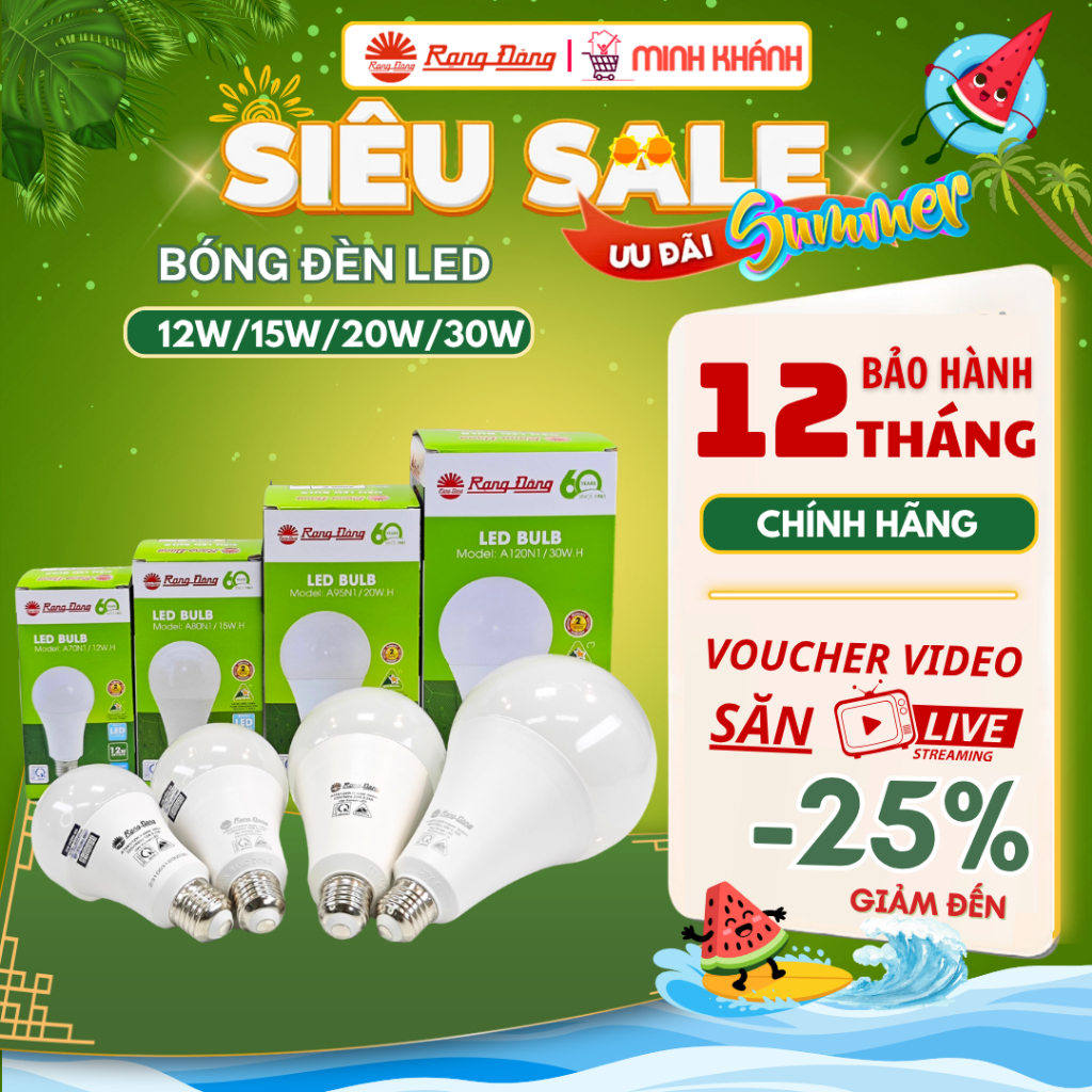 Bóng Led Bulb E27 Rạng Đông - 12w/15w/20w/30w Ánh sáng trắng/vàng chân thực, Chip Led xịn, Đui E27
