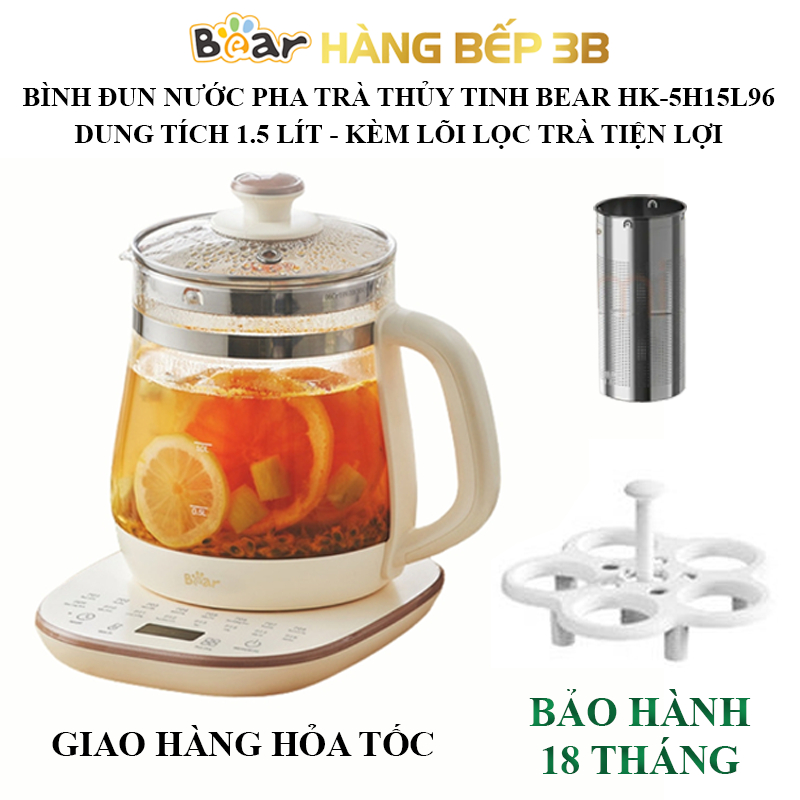 Bình đun nước pha trà 1.5 lít Bear HK-5H15L96 tặng giá để trứng luộc - Bảo hành 18 tháng