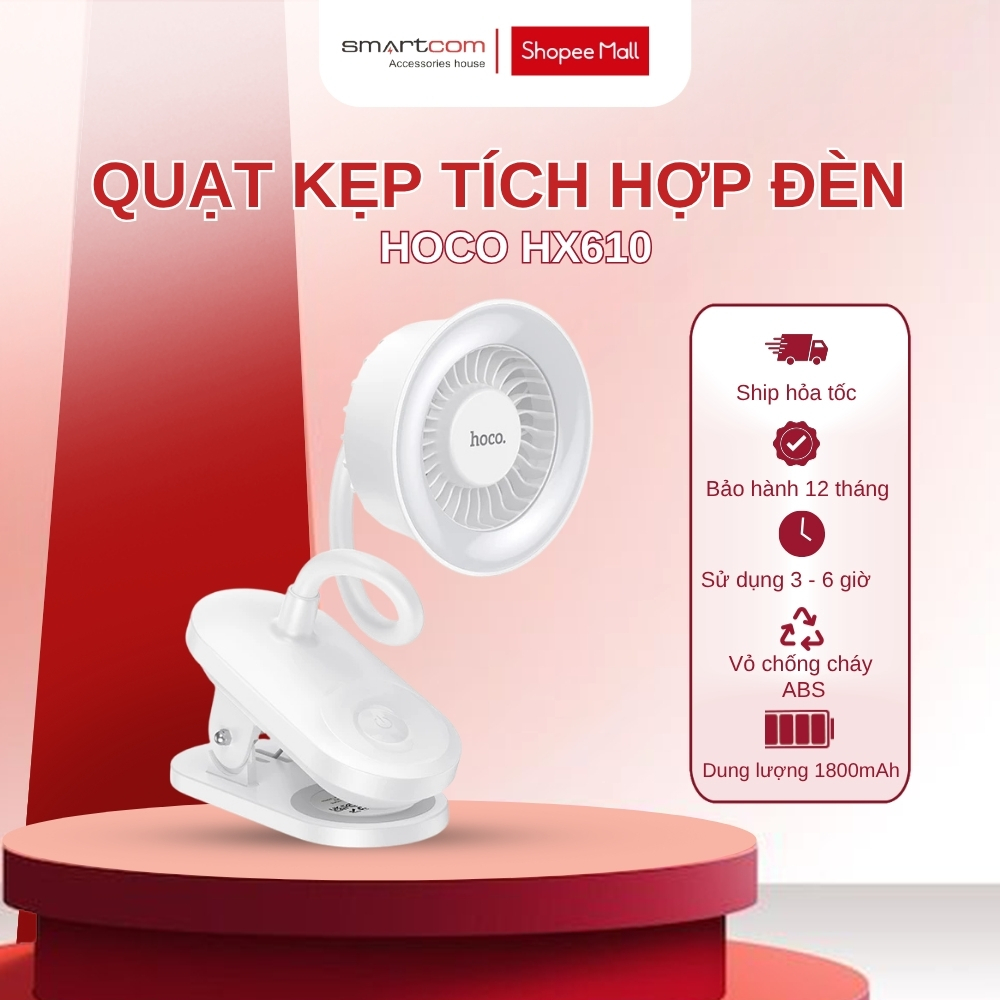 ( BẢO HÀNH 12 THÁNG) Quạt Kẹp Tích Hợp Đèn HOCO HX610 Cổ Dẻo, Quạt Tích Điện Có 3 Mức Gió 2 Mức Đèn | BigBuy360 - bigbuy360.vn
