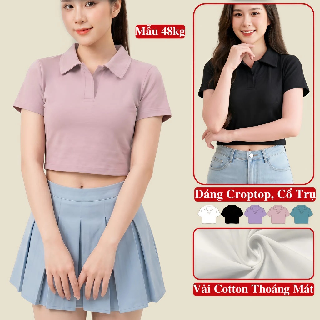 Áo Croptop Polo Ngắn Tay Cổ Trụ Nữ Madela Chất Cotton Thoáng Mát, Croptop Polo Ngắn Tay Mùa Hè Nữ.