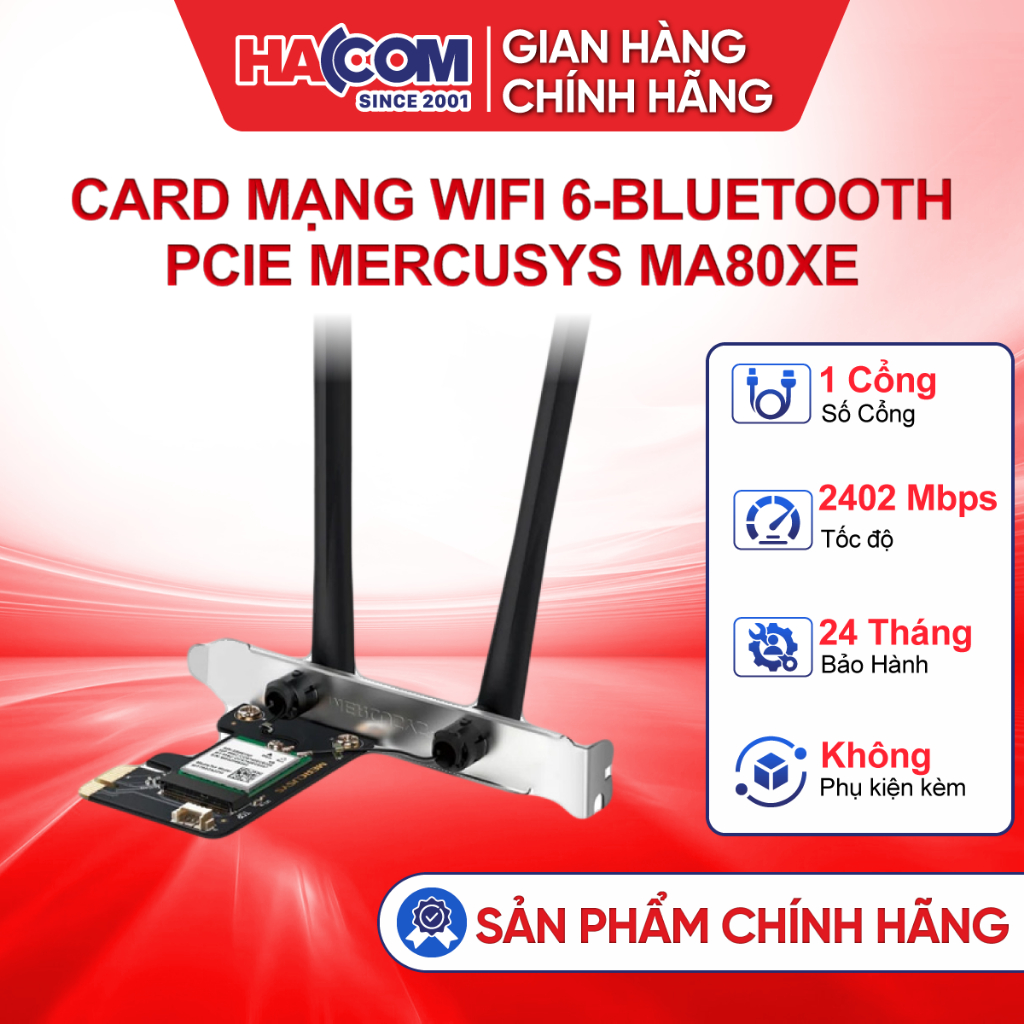 Card mạng PCIe Mercusys AX3000 Wifi 6 Bluetooth 5.3 PCle Adapter MA80XE - Hàng chính hãng bảo hành 2