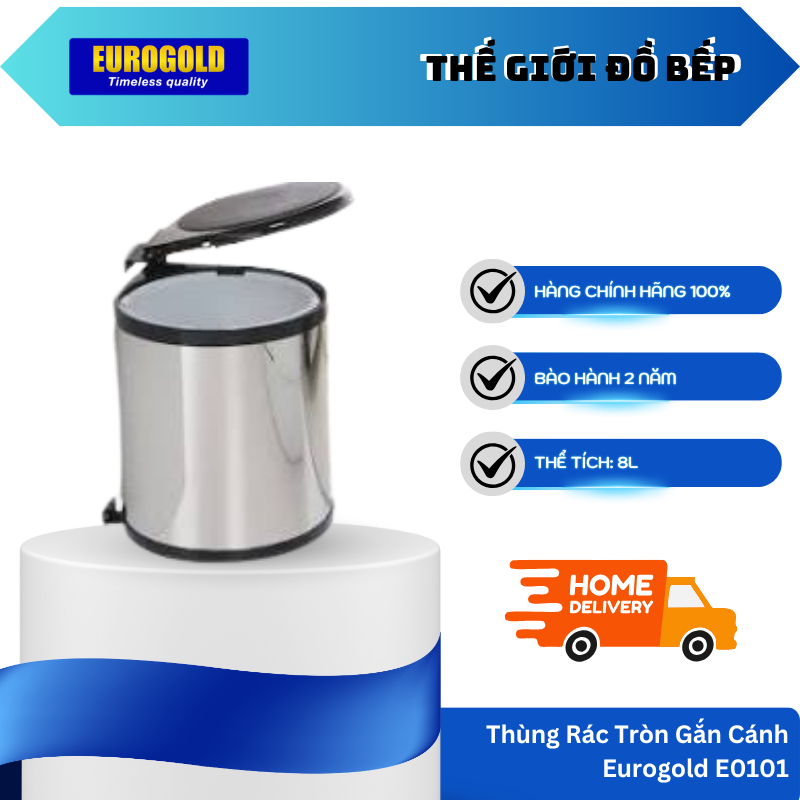 Thùng Rác Tròn Gắn Cánh 8L Eurogold E0101 – Màu Ghi – Nhựa PVC Kết Hợp Inox 304 Bền Chắc – TGB