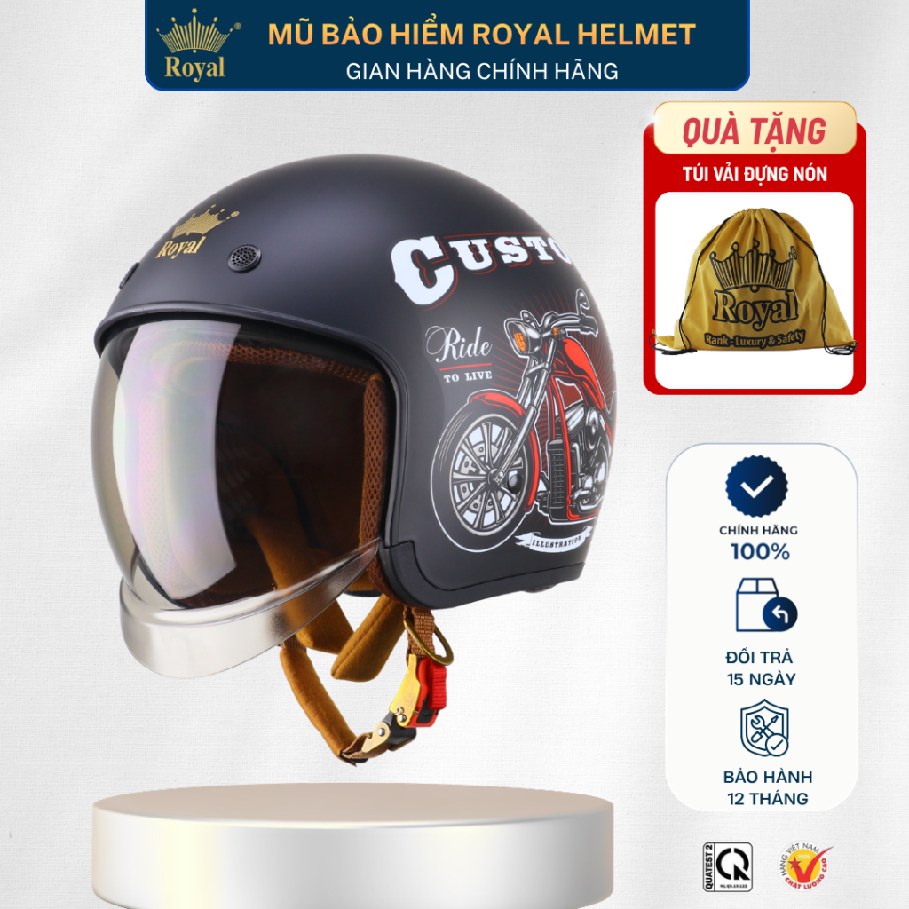 Mũ Bảo Hiểm 3/4 Royal M139 Kính Âm Chính Hãng, Nón Bảo Hiểm M239 Royal Có Kính 1/2 Nam Nữ BH 12 Thán