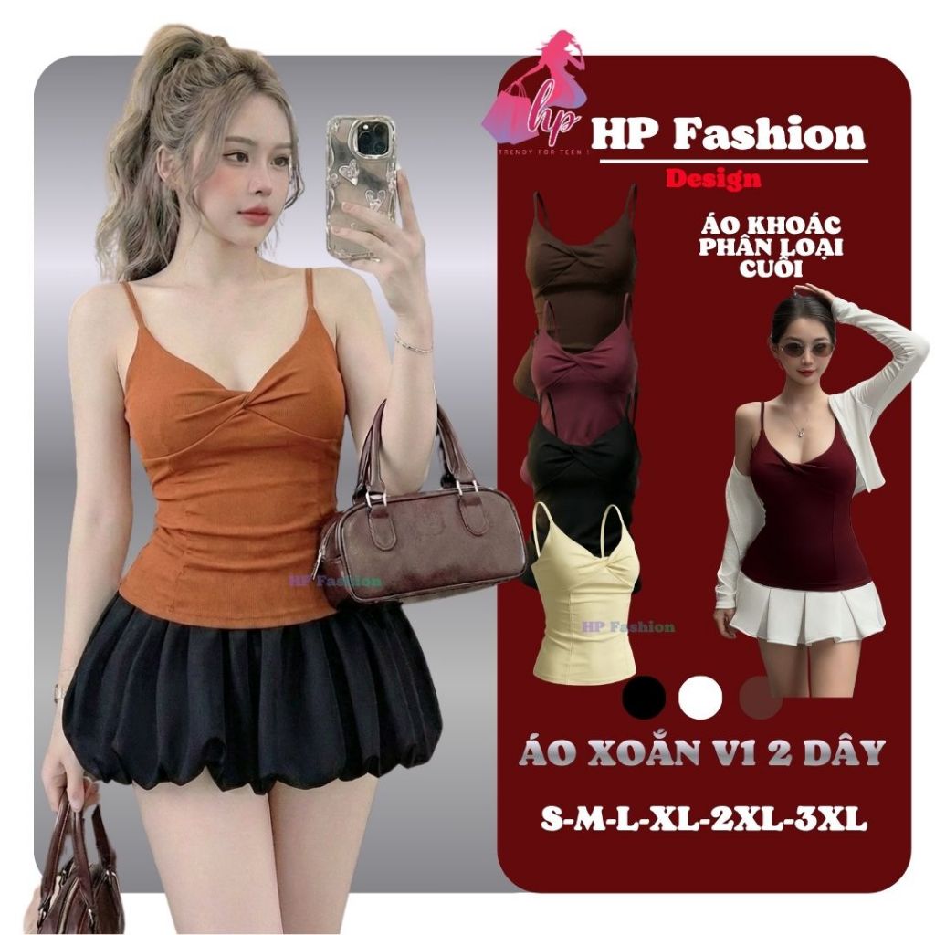Áo hai dây nữ form dài ôm body không mút chiết eo basic xoắn v1 , áo kiểu mùa hè vải cotton QC co giãn HP106