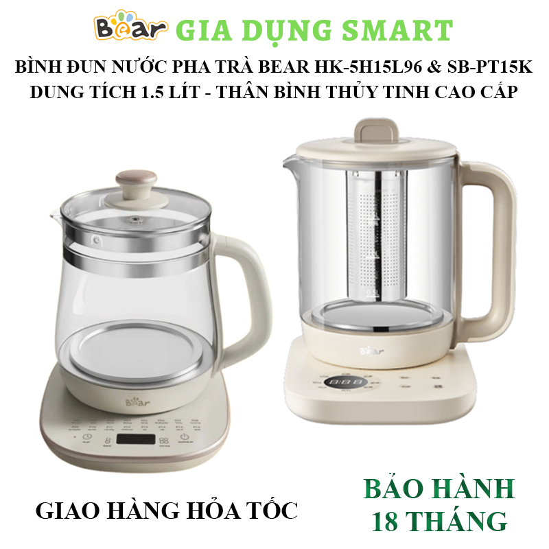 Bình đun nước pha trà Bear 1.5 lít HK-5H15L96, SB-PT15K thủy tinh - Bảo hành điện tử 18 tháng