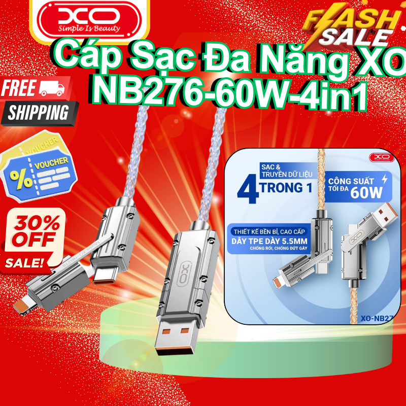 Cáp Sạc Đa Năng XO Việt Nam NB276 – Sạc Nhanh 60W, 4in1 , Vỏ Hợp Kim Kẽm, Truyền Dữ Liệu | XO NB276