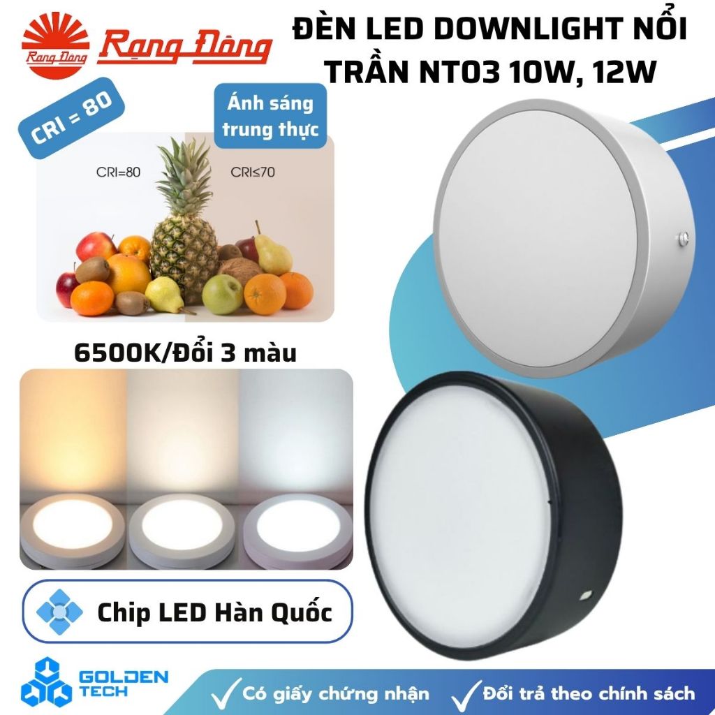 (Chính hãng) Đèn LED Ống Bơ Lùn Downlight Ốp nổi trần Rạng Đông 10W-12W Đường kính 120mm Model NT03