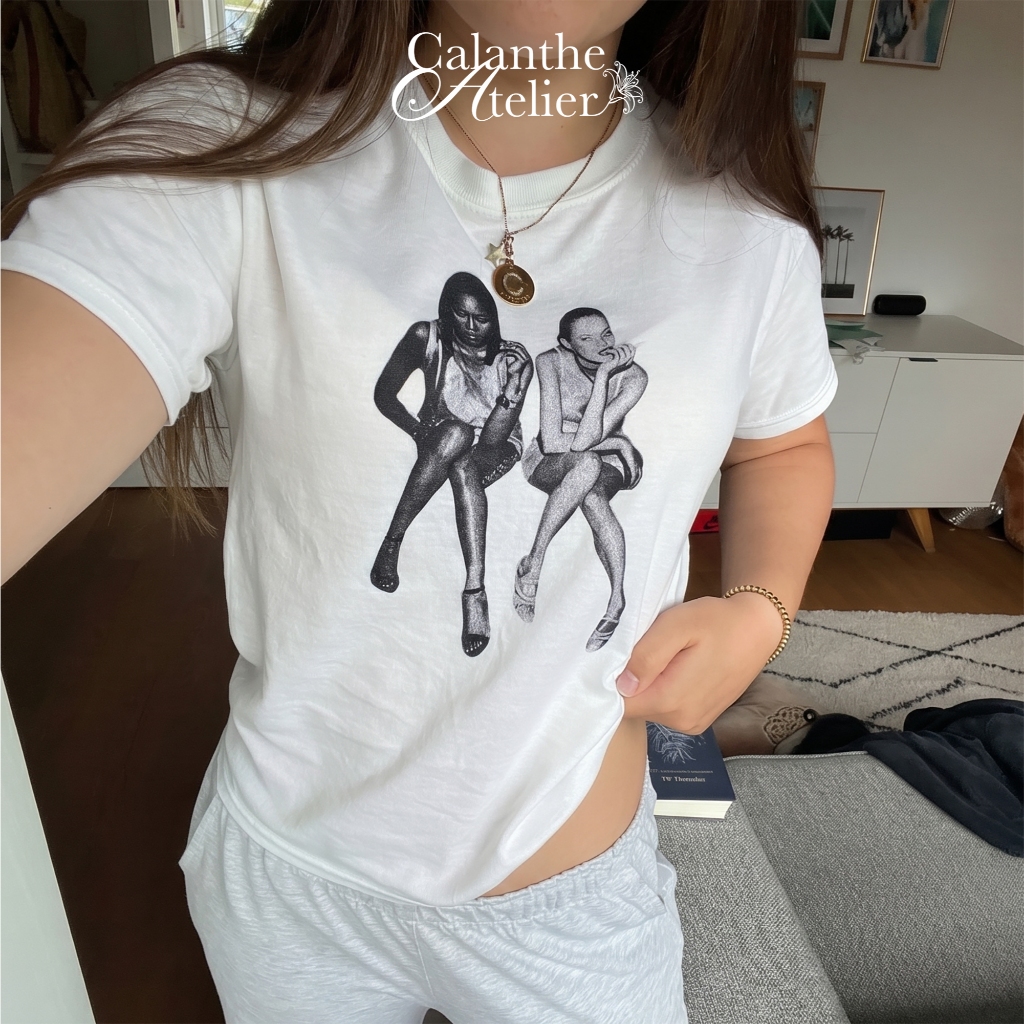 [CÓ ẢNH THẬT] Áo Baby Tee 2 Cô Gái Kate Moss và Naomi Campbell Phong Cách Y2K Coquette Retro Âu Mỹ