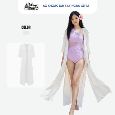 Áo khoác đi biển cao cấp Bikini Passport kiểu xẻ tà, dài tay - Trắng - VC012_WH