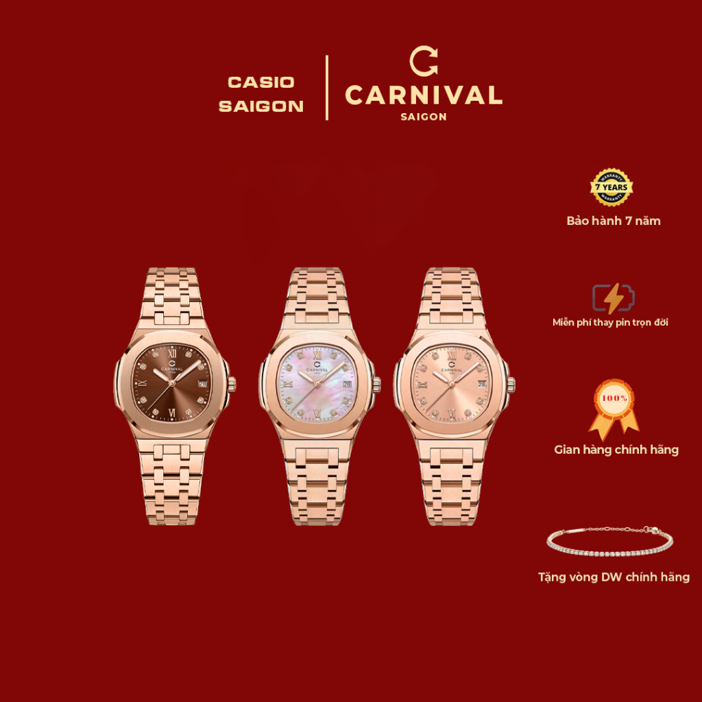 (Chính Hãng) Đồng Hồ Nữ Carnival - 8160L Rose Gold Size 34mm - Tặng Lắc D.W  - Bảo Hành 7 Năm