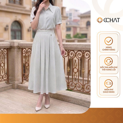Set Đồ Nữ 𝐂𝐂𝐇𝐀𝐓 Dáng Suông Clara Chấm Bi Nẹp Dấu Khuy Chất Liệu 16BNT2022XT