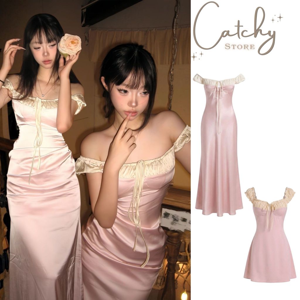 Đầm Lụa Dáng Dài Tay Bồng Trễ Vai Rút Dây Ôm Eo Tiểu Thư Ngọt Ngào Đi Tiệc CATCHYstore | BigBuy360 - bigbuy360.vn