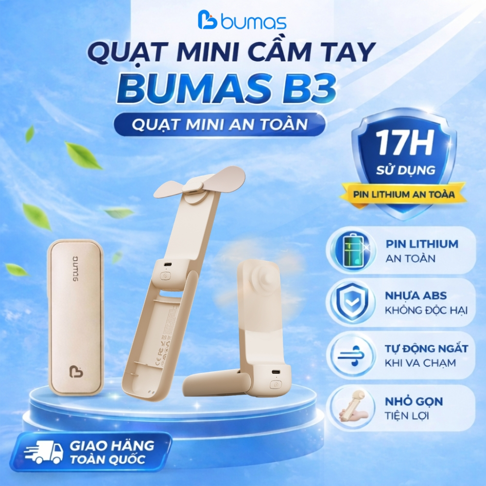 Quạt Mini An Toàn BUMAS B3, Quạt Siêu Mỏng Nhẹ, Bền Bỉ -Sử Dụng 17H, 3 Cấp Độ Gió - QUÀ TẶNG BẠN NHỎ