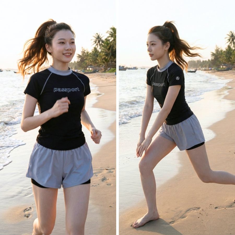 Set đồ bơi nữ BIKINI PASSPORT kiểu áo tay ngắn và quần short 2 lớp thể tháo, kín đáo, chống nắng - Đen Xám - BS1045_BL | BigBuy360 - bigbuy360.vn