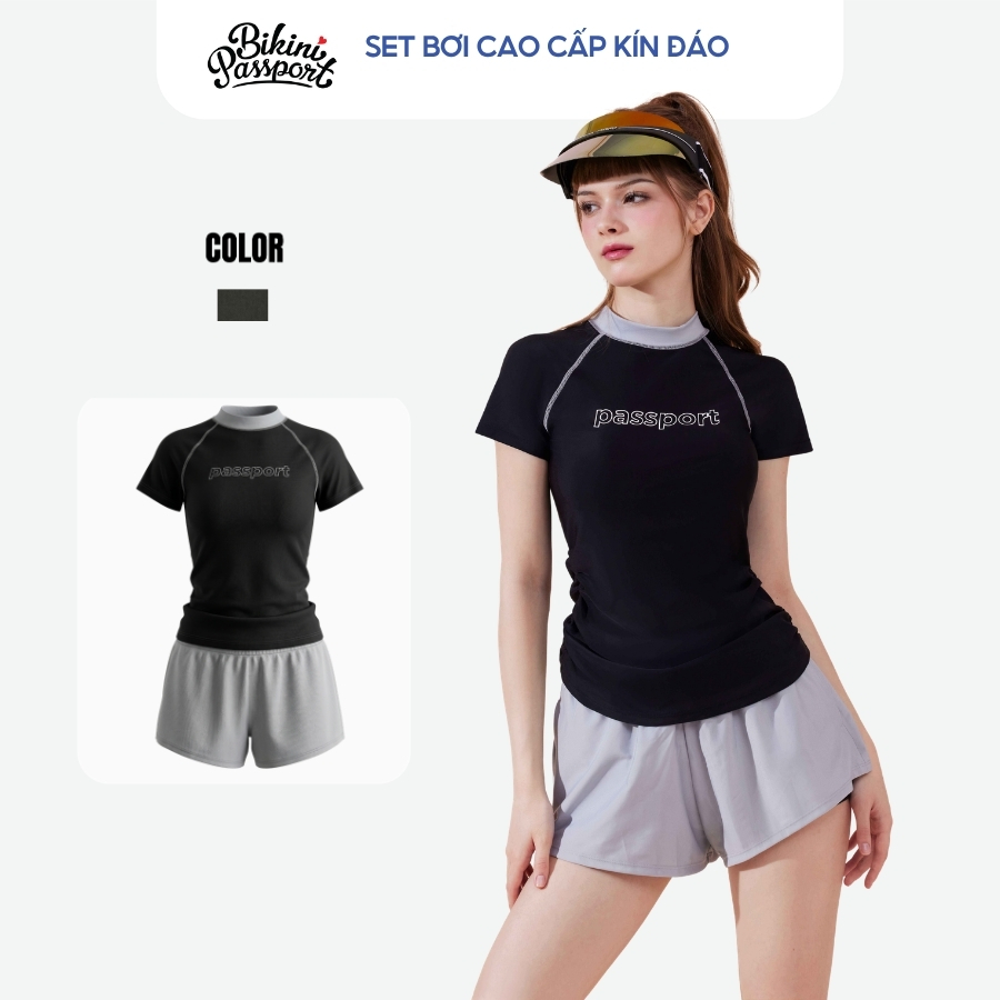 Set đồ bơi nữ BIKINI PASSPORT kiểu áo tay ngắn và quần short 2 lớp thể tháo, kín đáo, chống nắng - Đen Xám - BS1045_BL