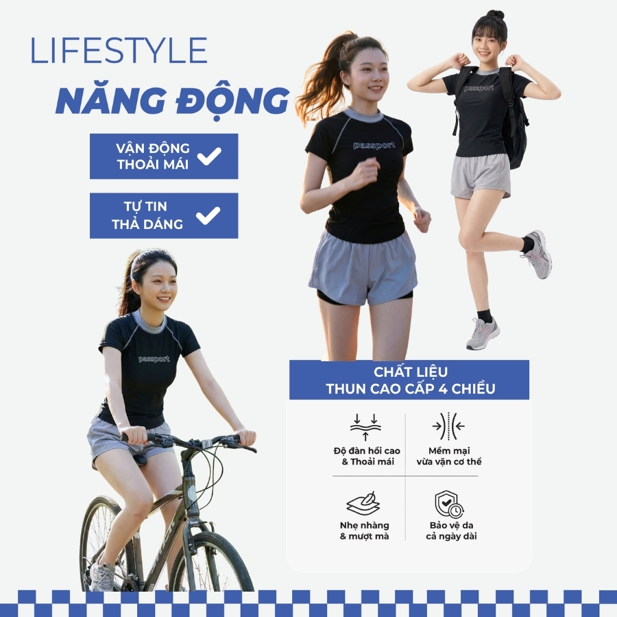 Set đồ bơi nữ BIKINI PASSPORT kiểu áo tay ngắn và quần short 2 lớp thể tháo, kín đáo, chống nắng - Đen Xám - BS1045_BL | BigBuy360 - bigbuy360.vn