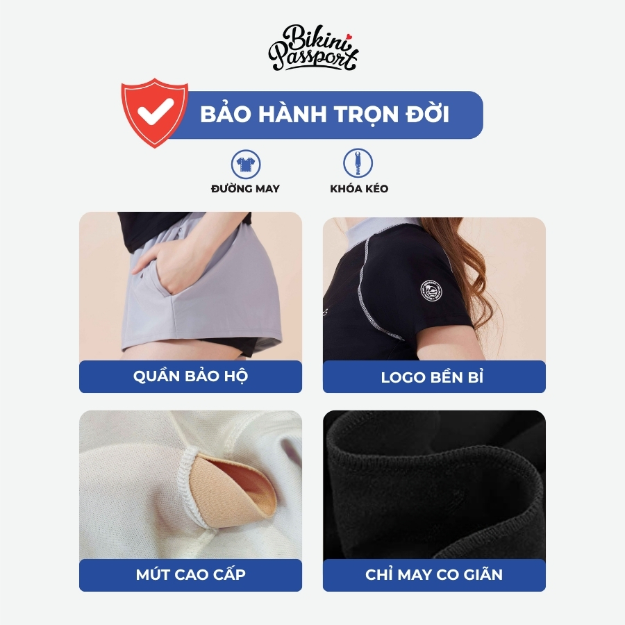 Set đồ bơi nữ BIKINI PASSPORT kiểu áo tay ngắn và quần short 2 lớp thể tháo, kín đáo, chống nắng - Đen Xám - BS1045_BL | BigBuy360 - bigbuy360.vn
