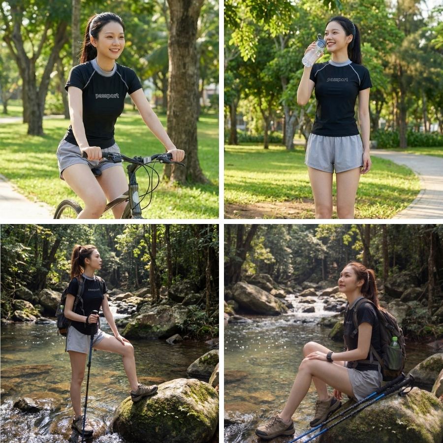 Set đồ bơi nữ BIKINI PASSPORT kiểu áo tay ngắn và quần short 2 lớp thể tháo, kín đáo, chống nắng - Đen Xám - BS1045_BL | BigBuy360 - bigbuy360.vn