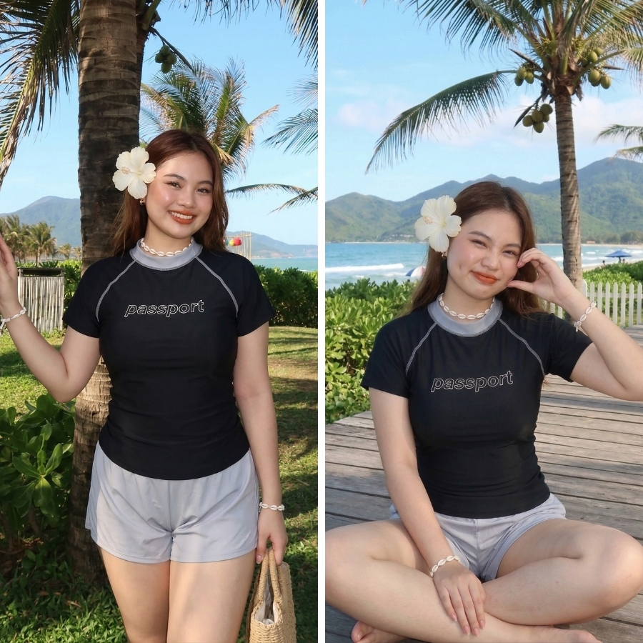 Set đồ bơi nữ BIKINI PASSPORT kiểu áo tay ngắn và quần short 2 lớp thể tháo, kín đáo, chống nắng - Đen Xám - BS1045_BL | BigBuy360 - bigbuy360.vn