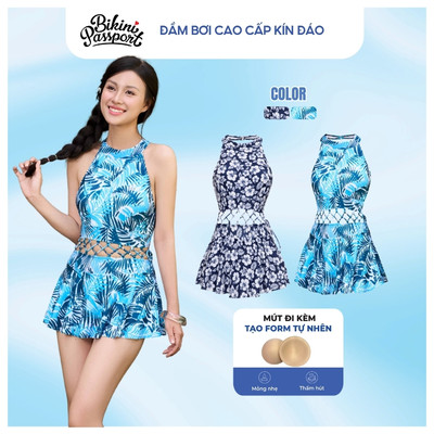 Bộ đồ bơi Nữ BIKINI PASSPORT kiểu Một mảnh Váy yếm cách điệu - màu Trắng họa tiết - BS349_WH