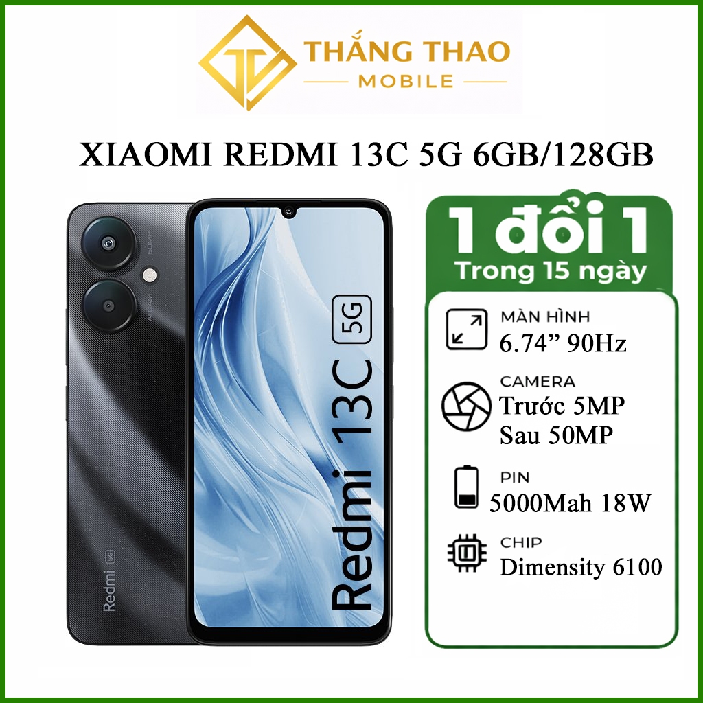 Điện thoại  Redmi 13C 5G 6GB/128GB (Dimensity 6100 Plus) ,Rom tiếng việt - Hàng nhập khẩu