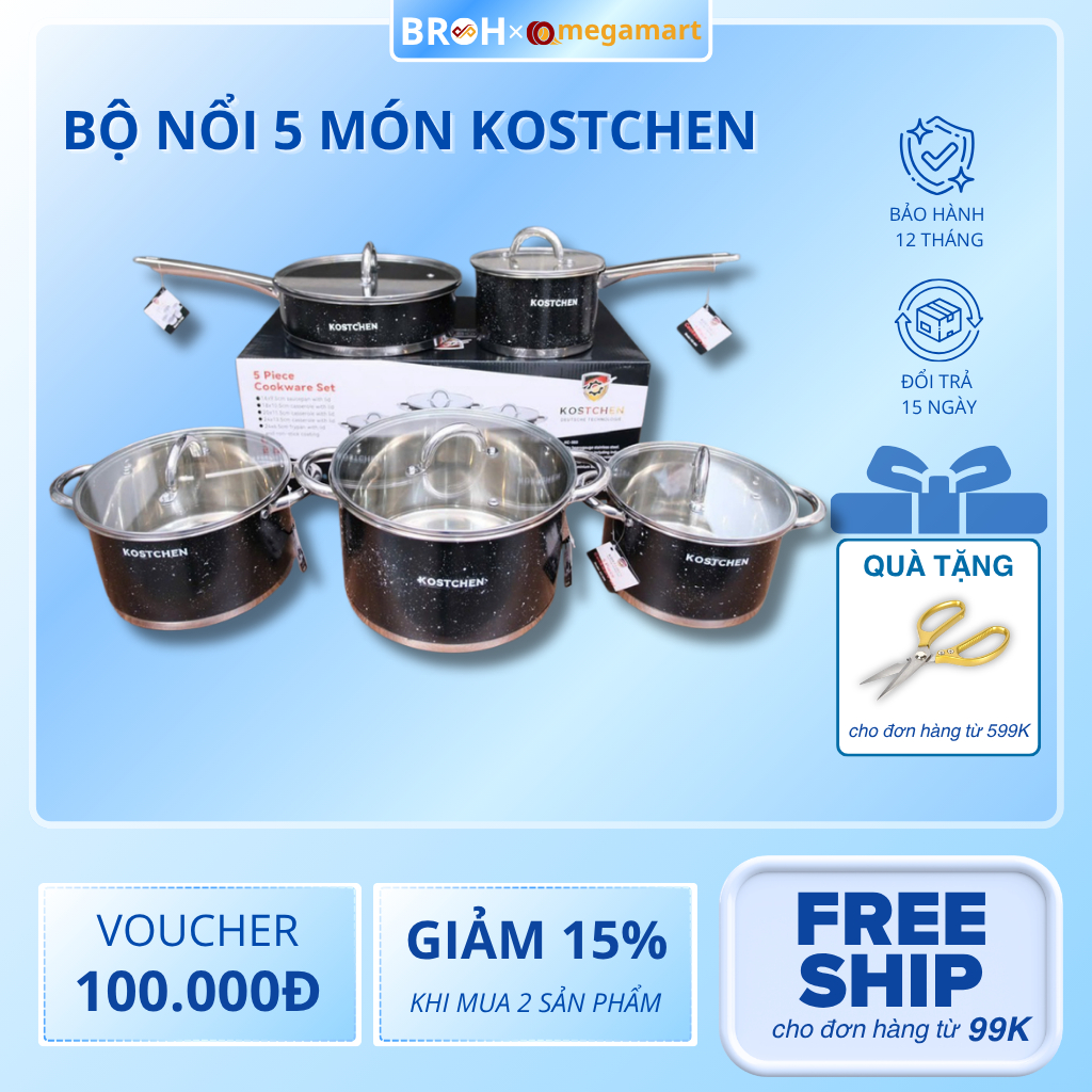 Bộ nồi cao cấp Đức 5 món KOSTCHEN nguyên khối 9 đáy dày dùng được mọi loại bếp