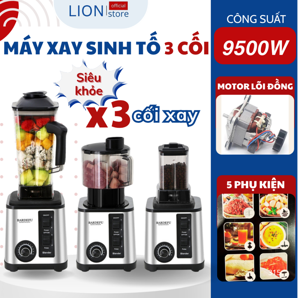 [𝐠𝐢𝐚𝐝𝐮𝐧𝐠𝐋𝐈𝐎𝐍] Máy Xay Sinh Tố Công Nghiệp BARDEFU 3 Cối Xay 5 Phụ Kiện, Máy Xay Đa Năng, Xay Thịt, Đánh Trứng, Vắt Cam.