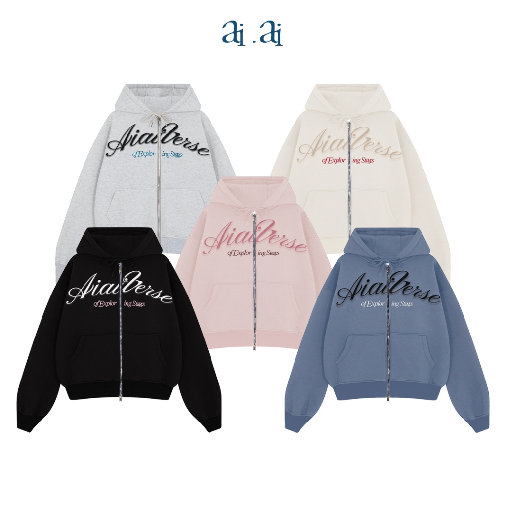 Áo khoác hoodie zip boxy nỉ 2 da "Miukiway" Boxy Hoodie AIAI OFFICIAL thêu logo- (KHOÁ KÉO 1 CHIỀU)