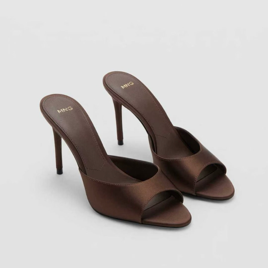 Guốc MNG lụa satin trơn nâu 9cm (G51)