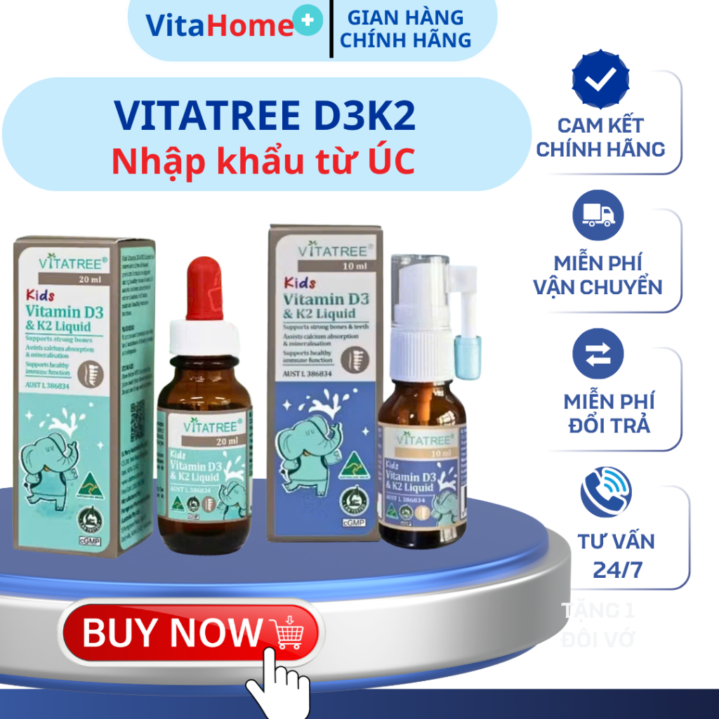 D3K2 Vitatree Kids – Vitamin D3 + K2 MK7 Cho Trẻ Sơ Sinh & Trẻ Nhỏ, Hấp Thu Canxi, Tăng Chiều Cao, X