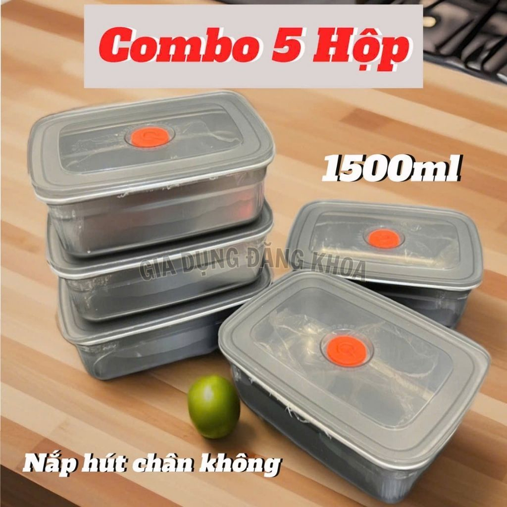 [COMBO 5] Hộp Inox 1500ML Dày Dặn, Nắp Đậy Silocon Hút Chân Không, zoang chống chàn - Khay Inox Đựng Đồ Tủ Lạnh