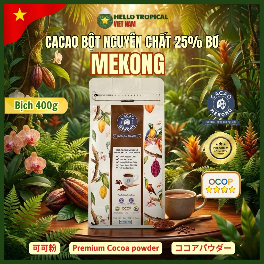 [09.09] Bột Cacao MEKONG Nguyên Chất bơ cao 25% làm chocolate socola | Không Kiềm Hóa, Ủ Thùng Gỗ, K