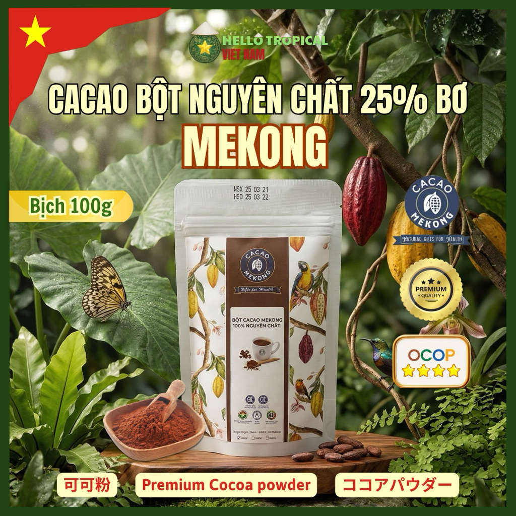 [09.09] Bột Cacao MEKONG Nguyên Chất 25% bơ cacao làm chocolate socola | Không Đường, Ủ Gỗ (Gói 100g