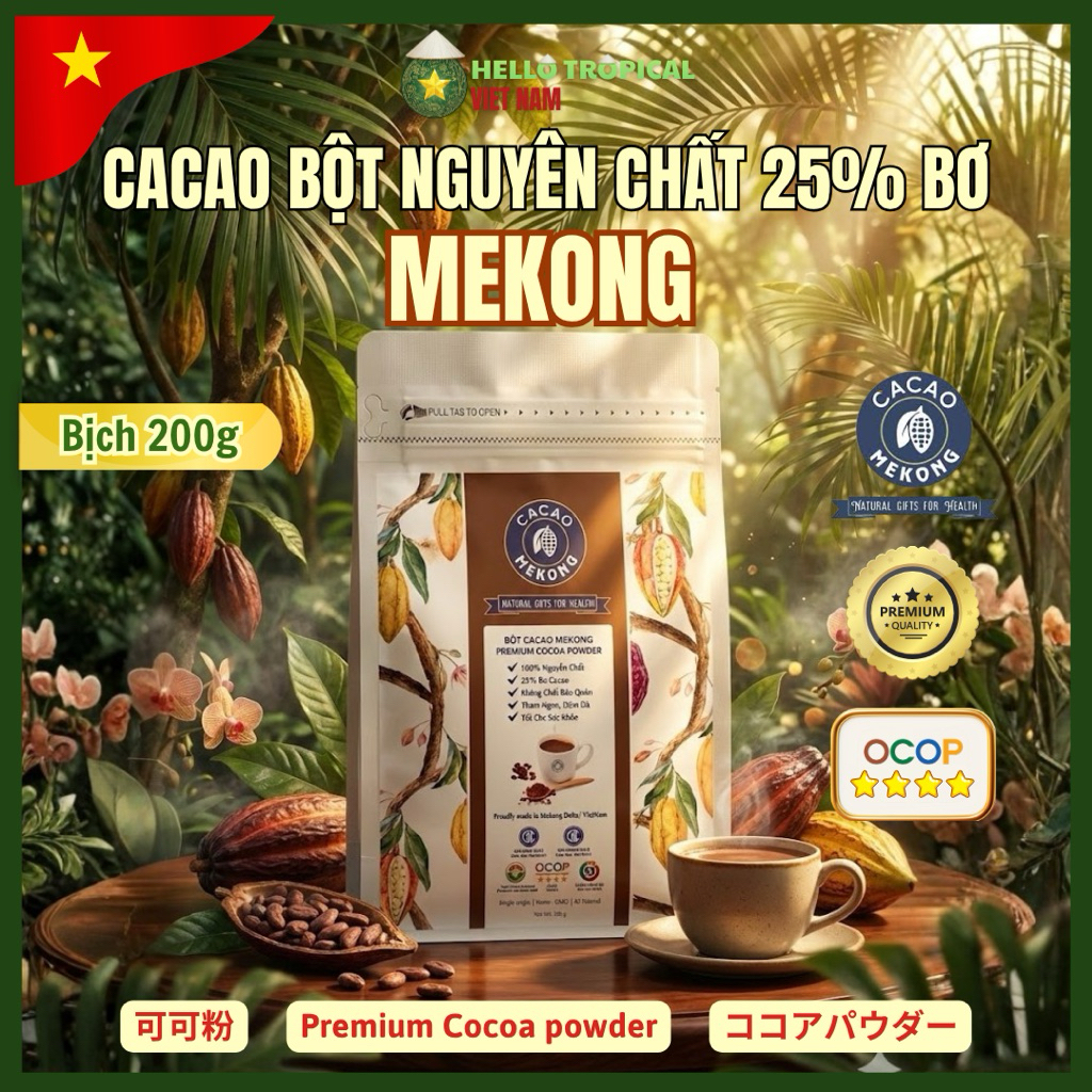 [09.09] Bột Cacao MEKONG Nguyên Chất 25% bơ cacao làm chocolate socola | Không Kiềm Hóa, Ủ Gỗ, Siêu 