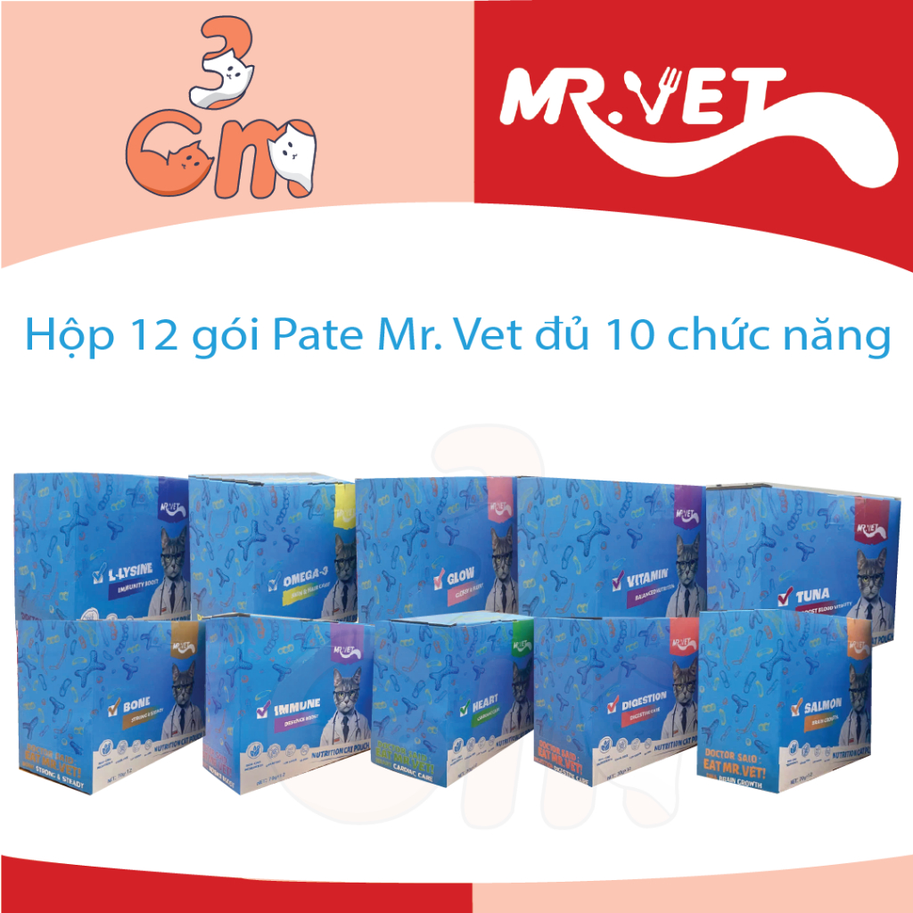 Hộp 12 gói pate Mr Vet/ Mr. Vet 70g omega-3/ l-lysine/ vitamin/ salmon/ tuna/ heart/ immune/ bone/ g