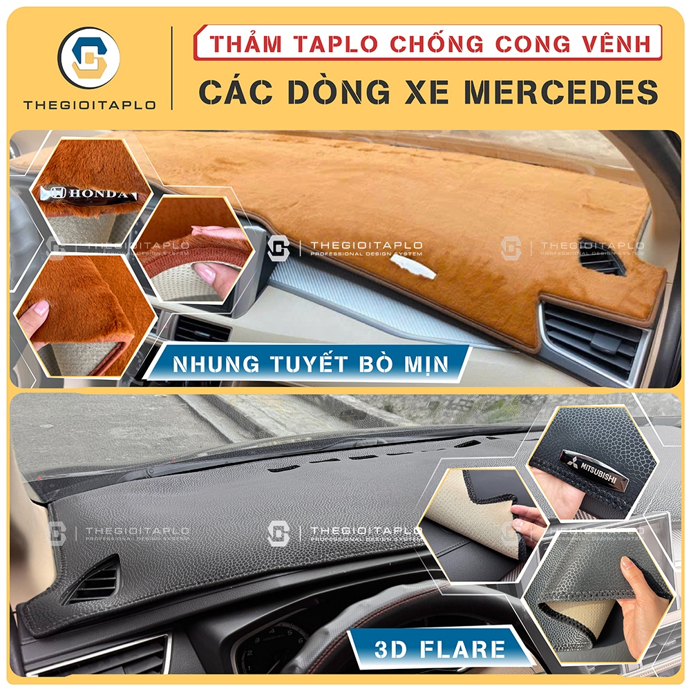(GLC200/GLC300/C200/E250/V250/Sprinter) Thảm taplo ô tô MERCEDES da nano Flare 3D, Blockers UV,Nhung