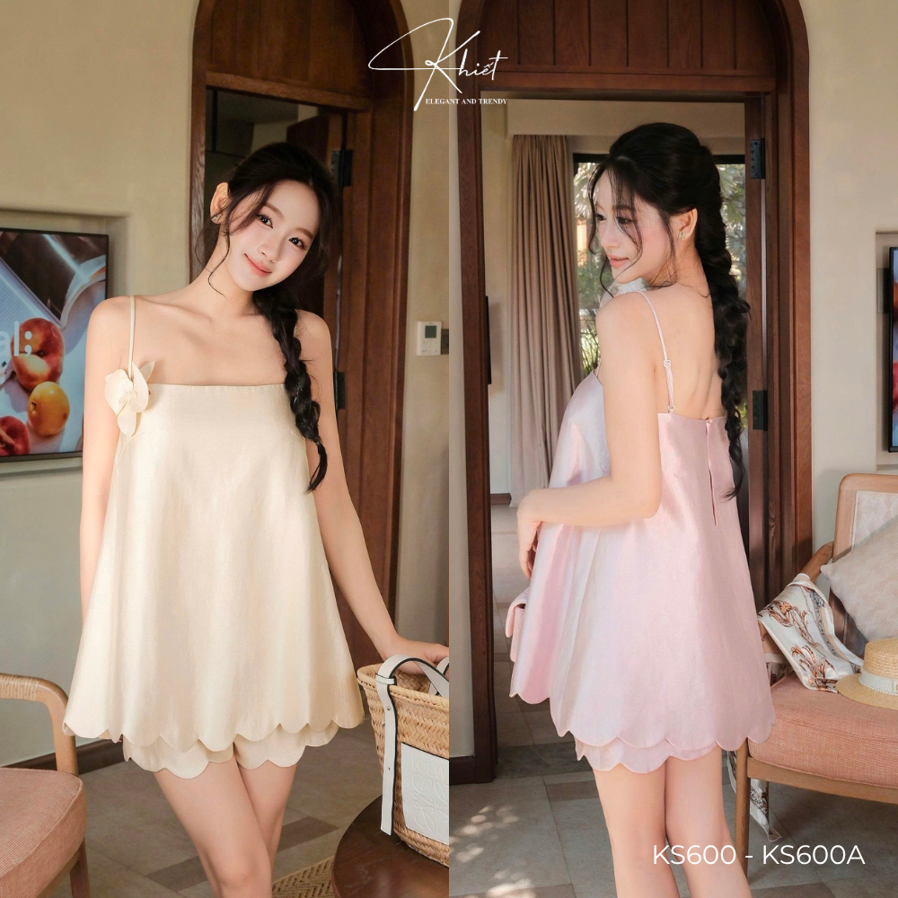 Set đầm 2 dây xòe phối quần ngắn chất tafta sang chảnh ngọt ngào, phong cách mùa hè Khiết KS600 & KS