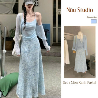 Nâu Studio Set Bộ Nữ 3 Món Áo Khoác Cardigan Mỏng Kèm Áo Hai Dây Viền Ren Và Chân Váy Hoa Nhí Vintage.