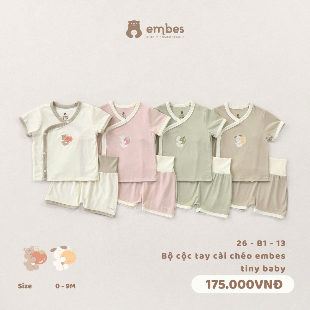Bộ cộc tay cài chéo Embes, bộ sơ sinh Embes cho bé trai bé gái size 0-9M