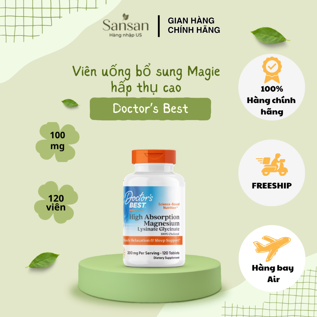TPBVSK Viên uống Magie Doctor's Best High Absorption Magnesium Lysinate Glycinate 100mg, 120 viên - 