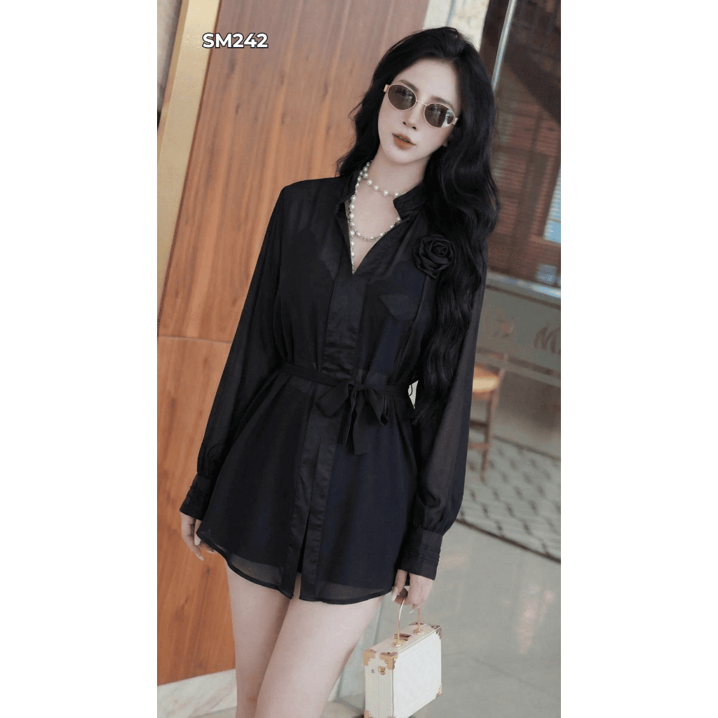 Áo So Mi SM242 Von Lụa Kết Hoa Queen Shop ( Kèm Dây Buộc Nơ )