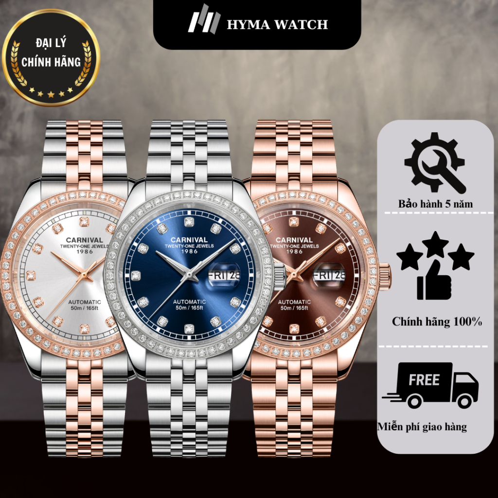 Đồng hồ cơ Nam Carnival 8131G2 Viềng đá Bảo hành 5 năm Hyma Watch